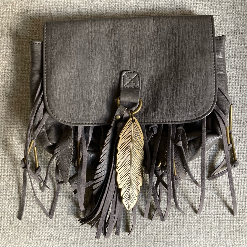 Grey bohemian Fanny pack/ satchel with fringe and feathers 🪶